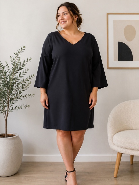 Handmade Dresses & Skirts - Handmade Black Midi Dress XL XXL Minimalist Wedding Guest Office Preppy Satin
